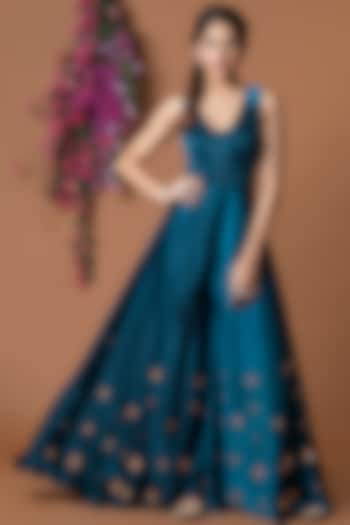 Cobalt Blue Embroidered & Flared Jumpsuit by Mehak Murpana at Pernia's Pop Up Shop