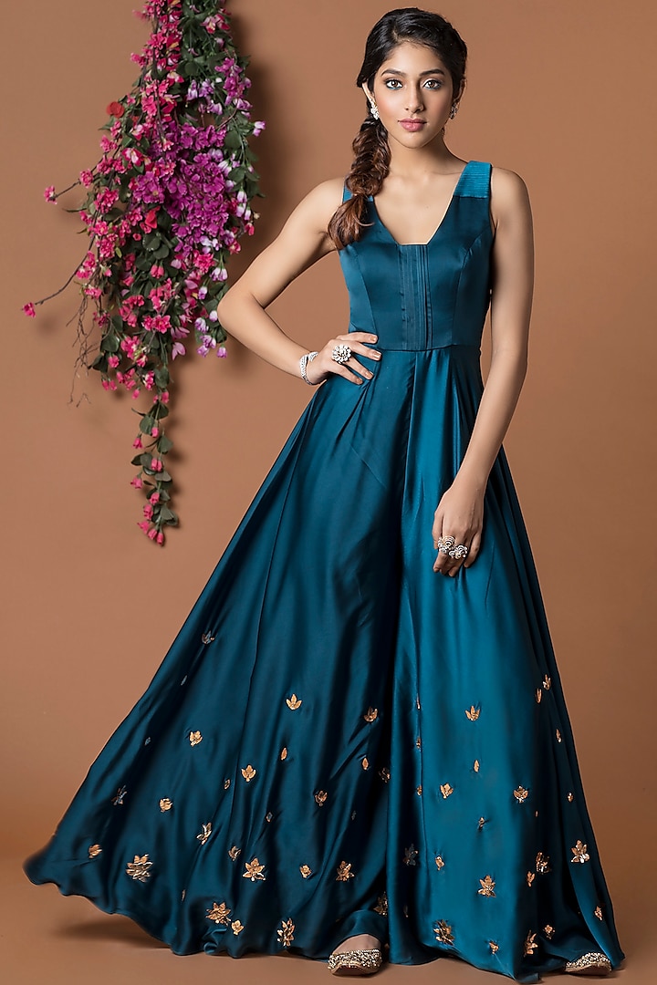Cobalt Blue Embroidered & Flared Jumpsuit by Mehak Murpana at Pernia's Pop Up Shop