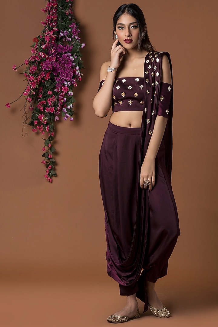 Coffee Brown Milano Satin Dhoti Pant Party Wear Saree Set by Mehak Murpana at Pernia's Pop Up Shop