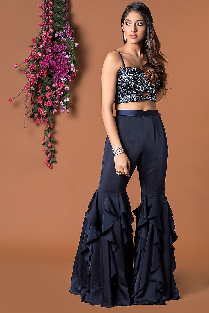 Navy Blue Embellished Wedding Sharara Set by Mehak Murpana at Pernia's Pop Up Shop