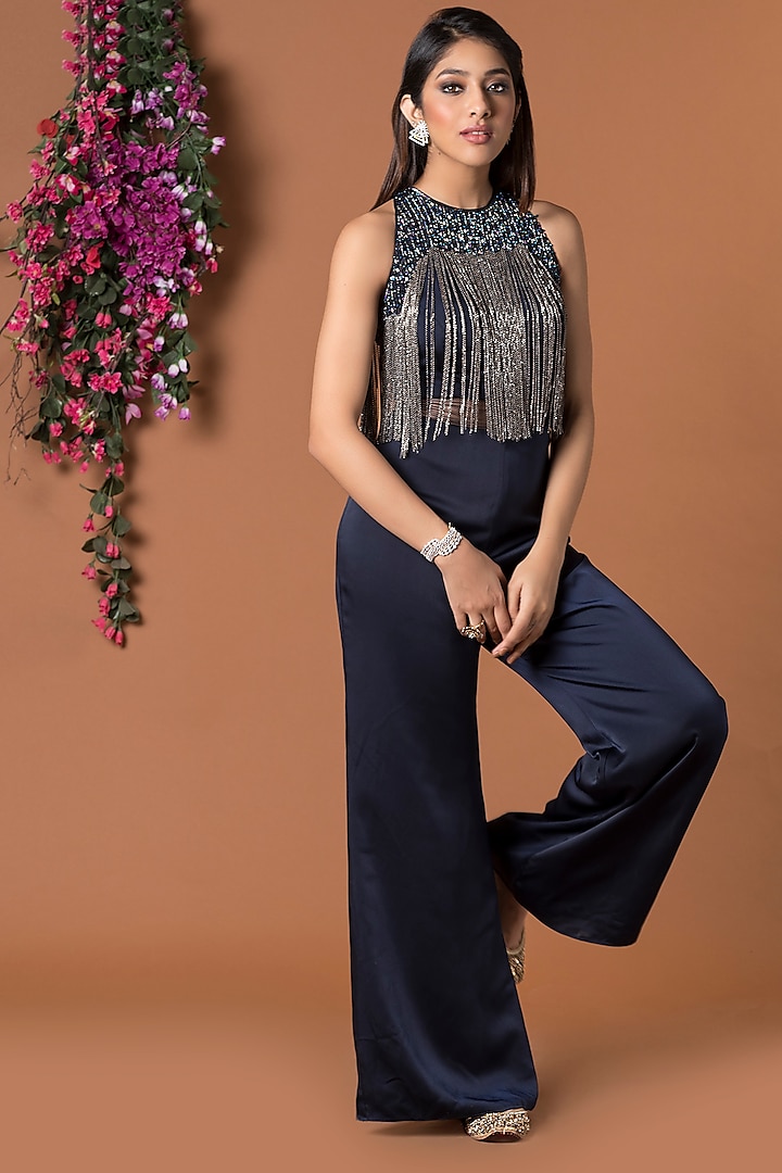 Navy Blue Jumpsuit With Chains Detailing by Mehak Murpana