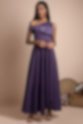 Purple Asymmetric Embroidered Gown by Mehak Murpana