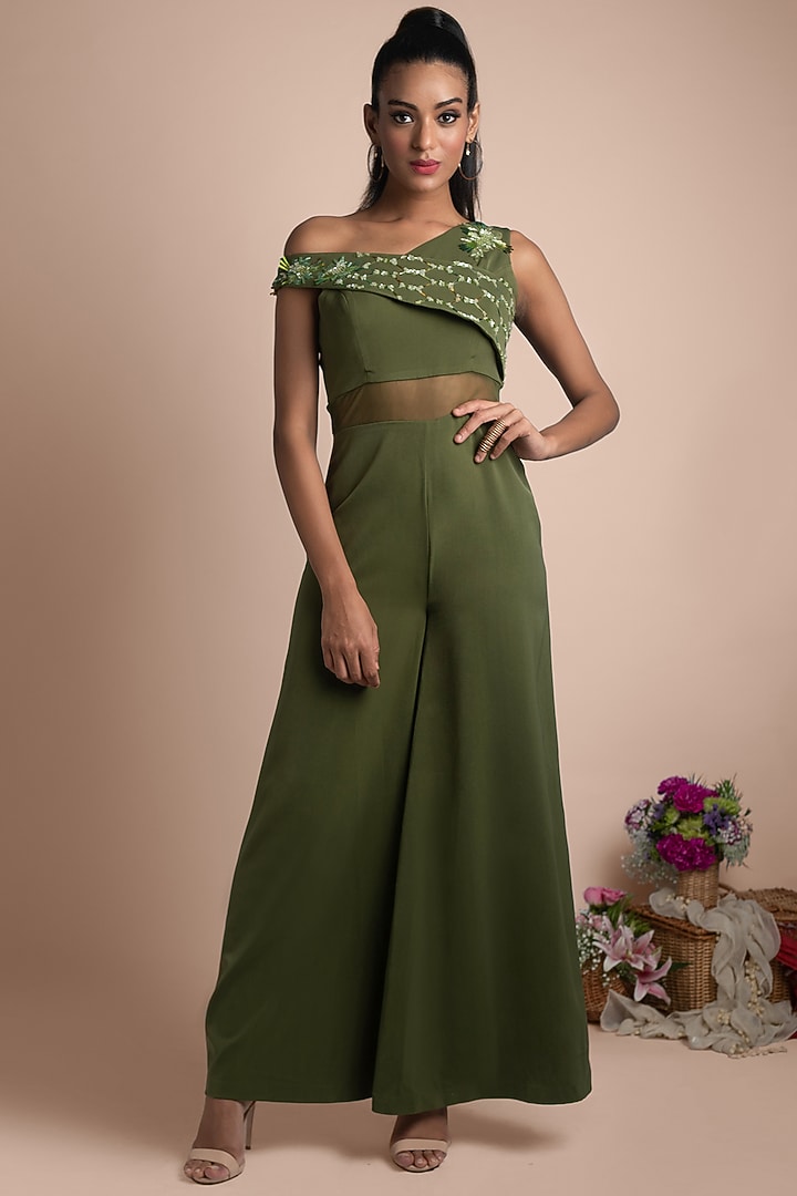 Moss Green Embellished Jumpsuit by Mehak Murpana at Pernia's Pop Up Shop
