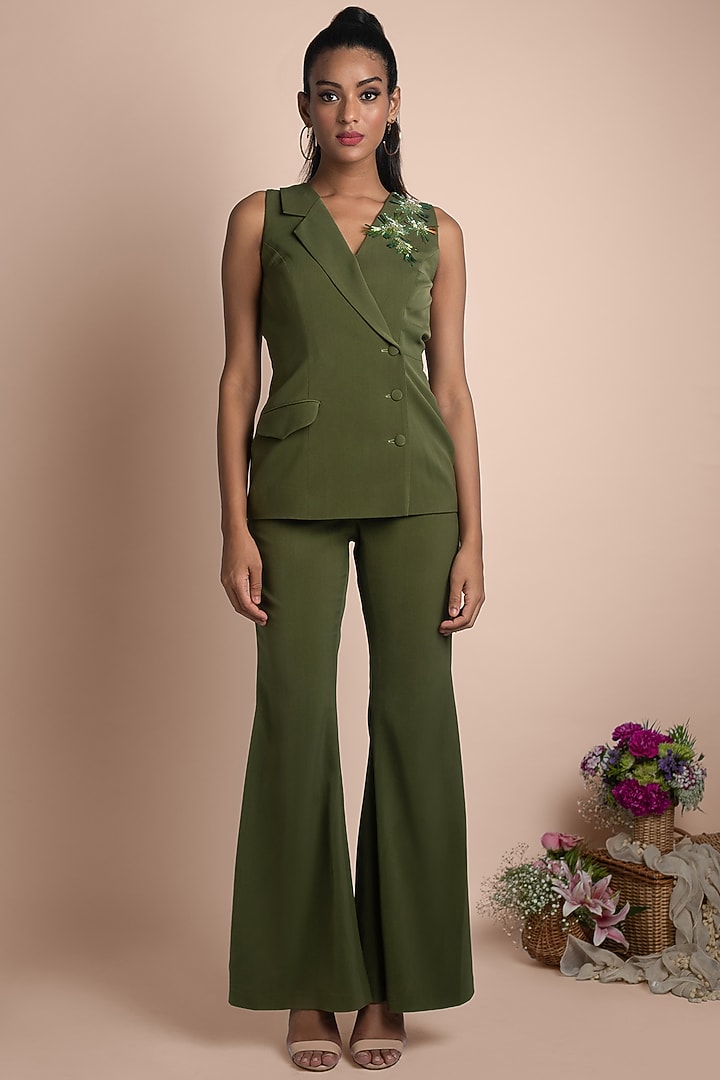 Moss Green Embellished Blazer With Pants by Mehak Murpana at Pernia's Pop Up Shop