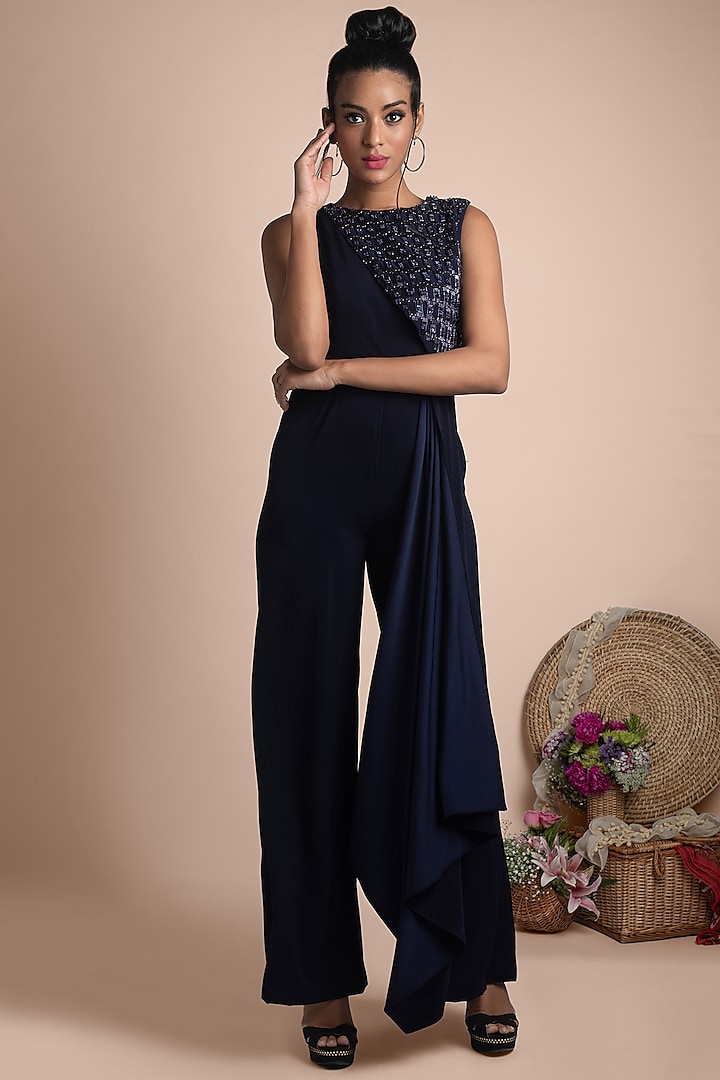 Navy Blue Embroidered Jumpsuit by Mehak Murpana