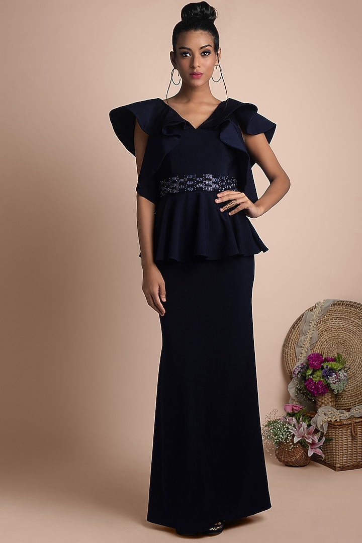 Navy Blue Embellished Party Wear Gown by Mehak Murpana at Pernia's Pop Up Shop