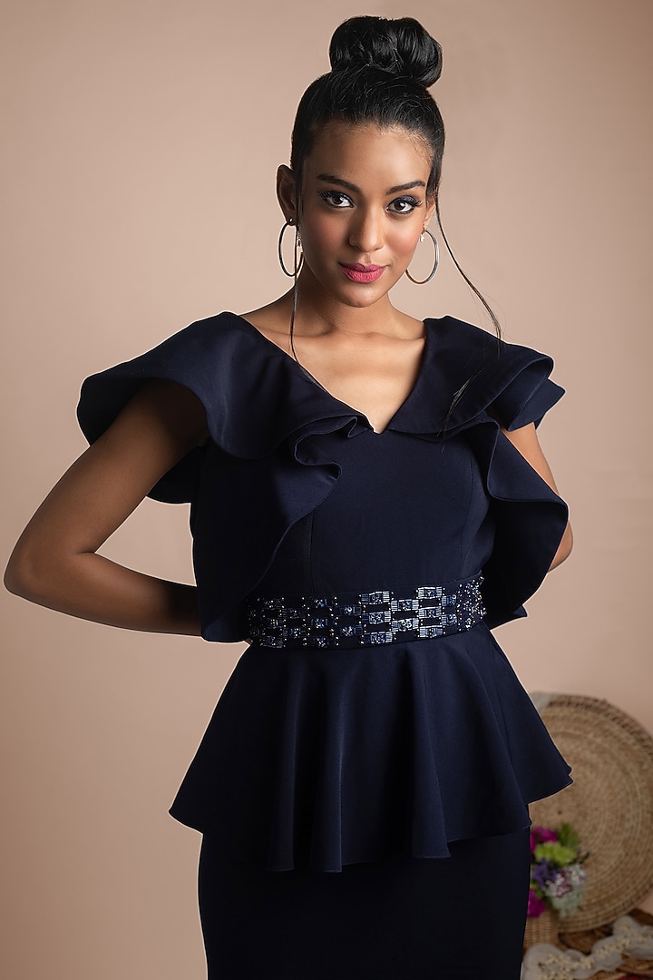 Navy Blue Embellished Party Wear Gown by Mehak Murpana at Pernia's Pop Up Shop