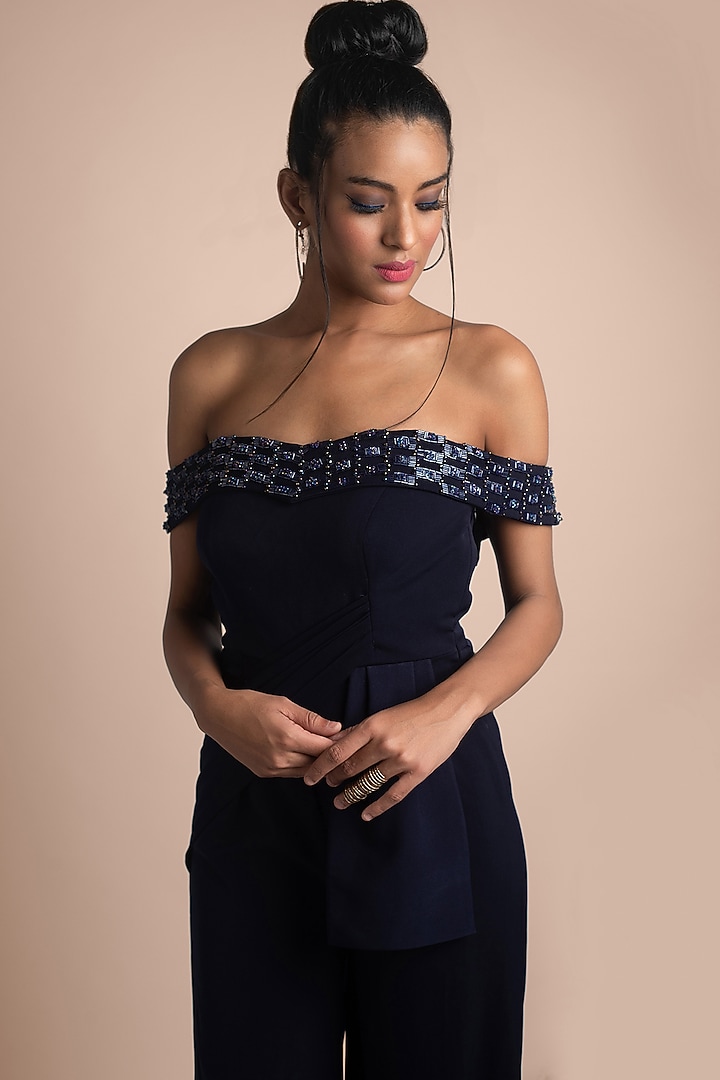 Navy Blue Embellished Jumpsuit by Mehak Murpana at Pernia's Pop Up Shop