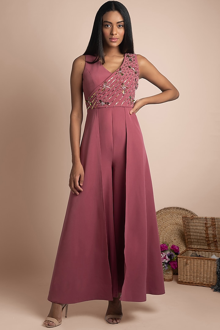 Rose Pink Embroidered Jumpsuit by Mehak Murpana