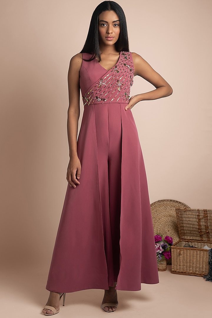 Rose Pink Embroidered Jumpsuit by Mehak Murpana at Pernia's Pop Up Shop