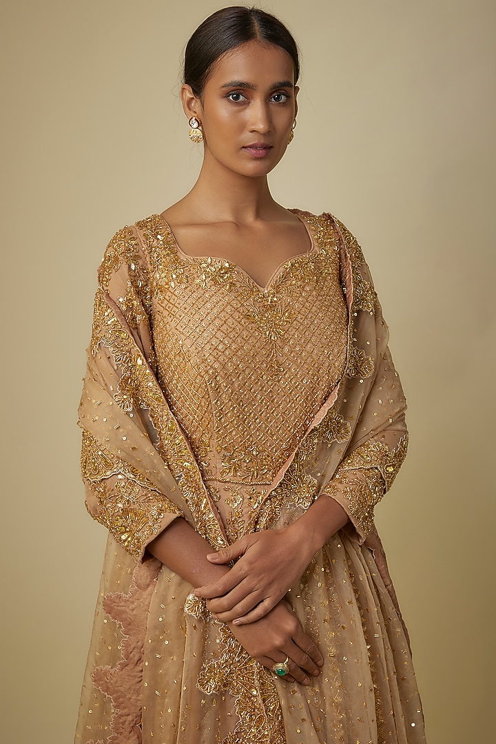 Gold Organza Cutwork Embroidered Jacket Bridal Lehenga Set by Mehak Murpana at Pernia's Pop Up Shop
