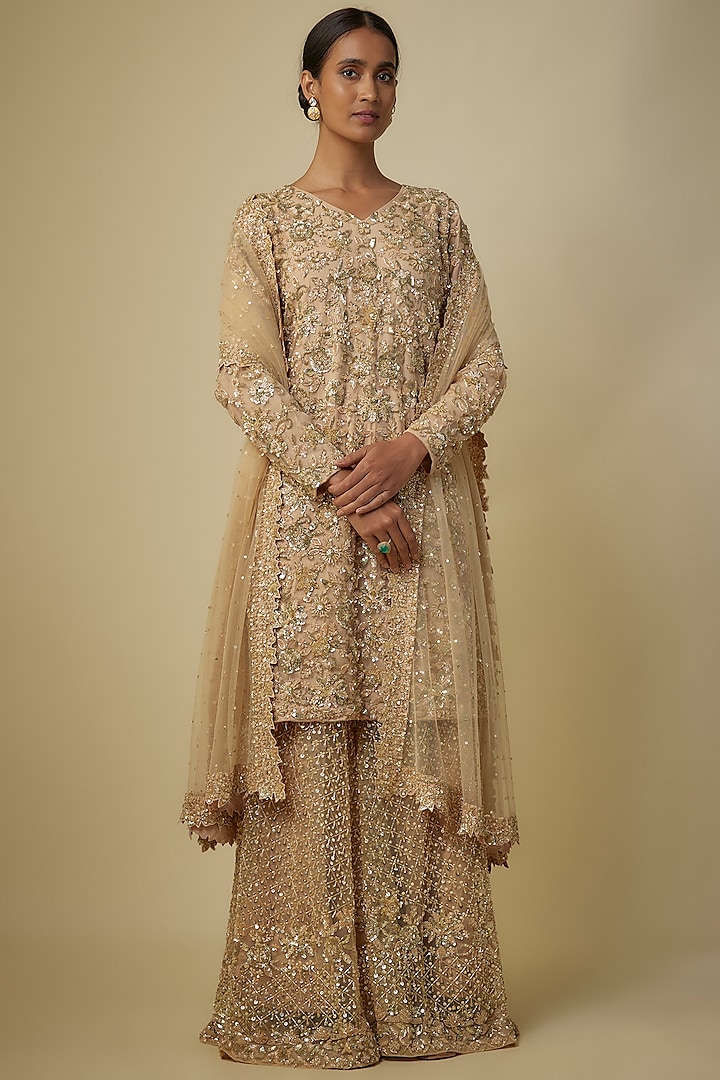 Gold Net Embroidered Sharara Set by Mehak Murpana at Pernia's Pop Up Shop