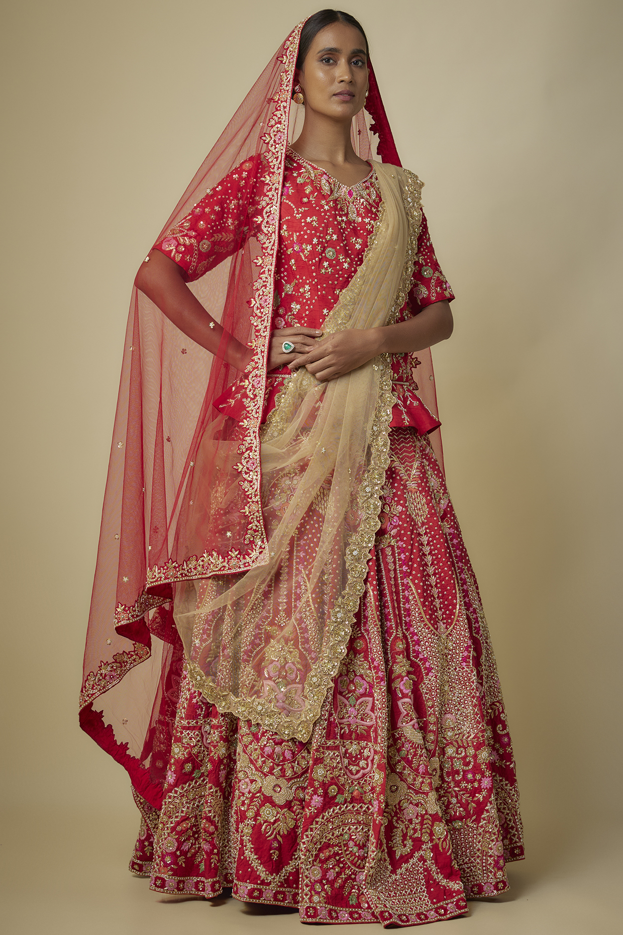 Red Raw Silk Net Embroidered Bridal Lehenga Set by Mehak Murpana at Pernia's Pop Up Shop