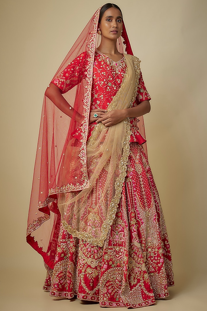 Red Raw Silk Net Embroidered Bridal Lehenga Set by Mehak Murpana at Pernia's Pop Up Shop