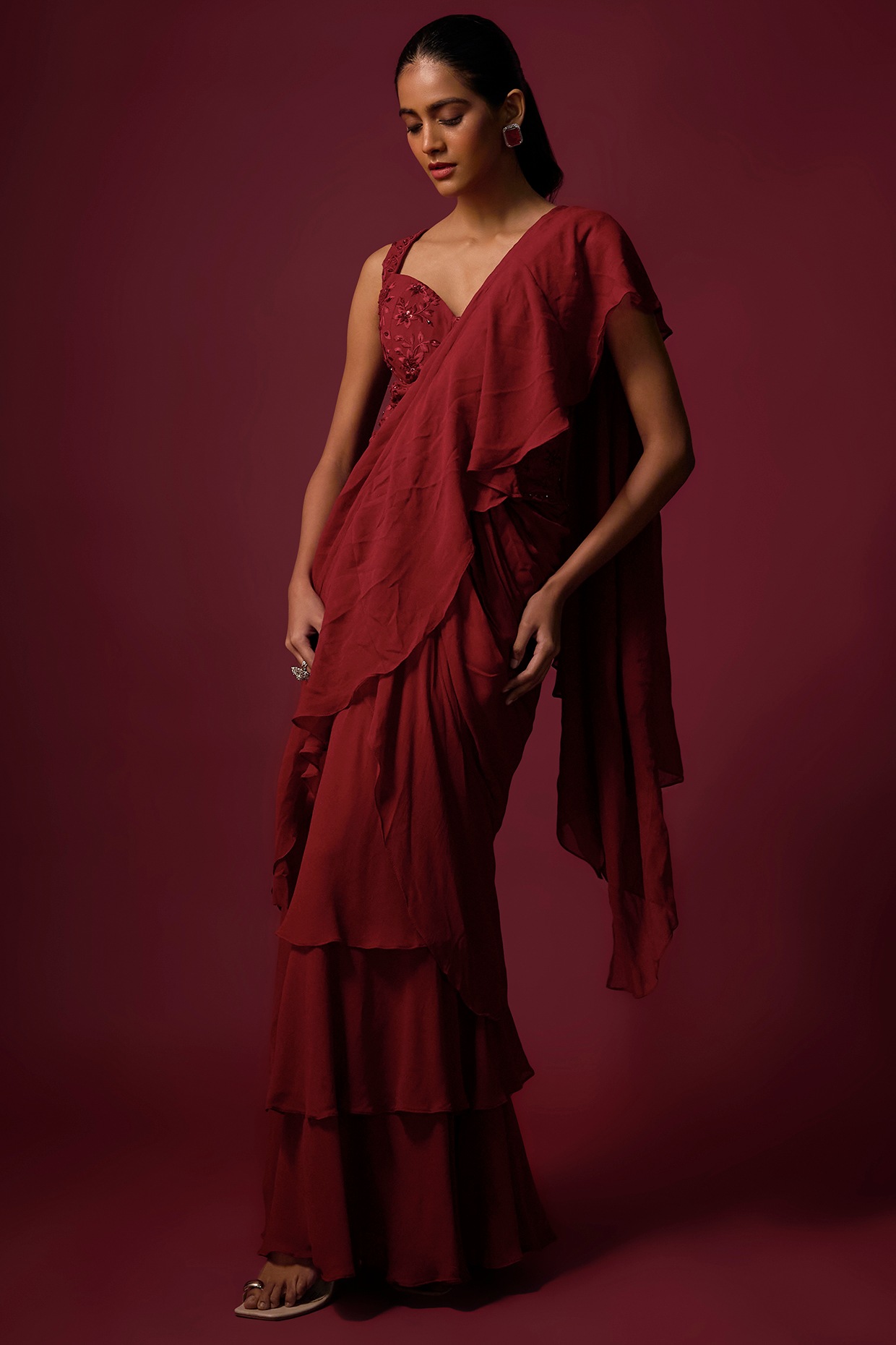 Mehak Murpana Deep Red Georgette Ruffled Pre-Draped Saree Set