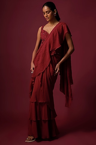 Deep Red Georgette Ruffled Pre-Draped Saree Set by Mehak Murpana