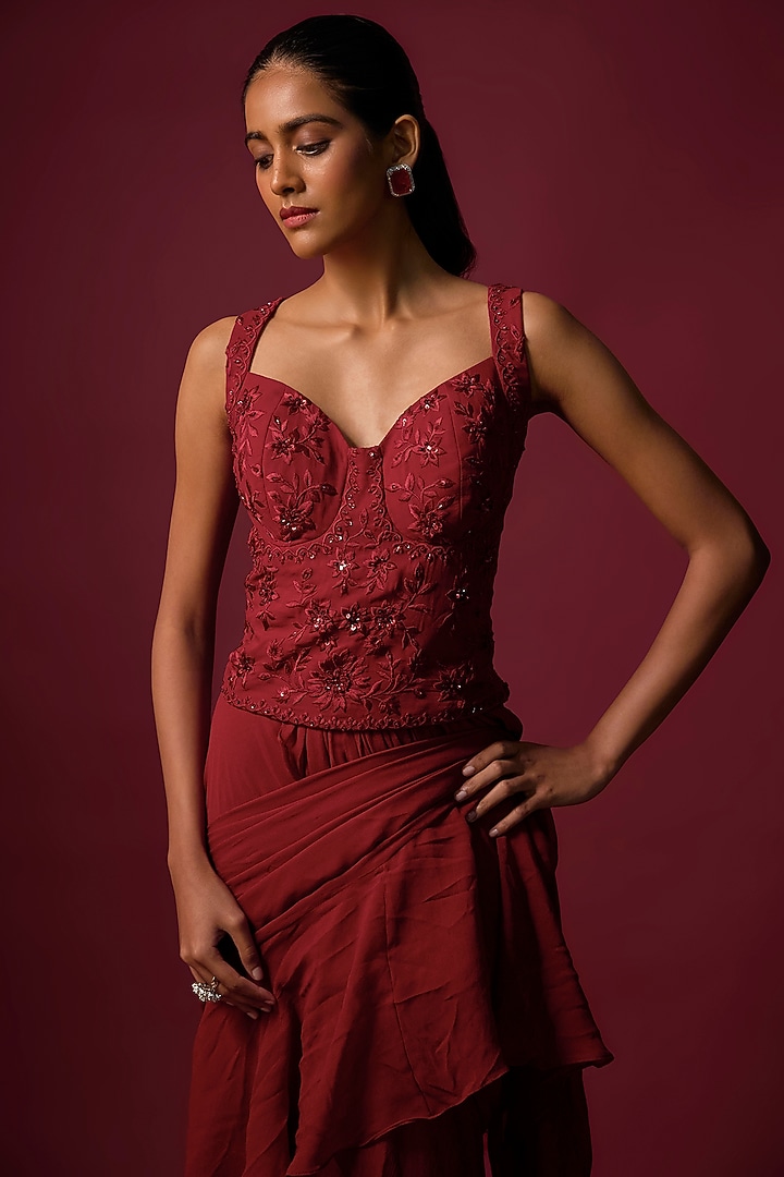 Deep Red Georgette Ruffled Pre-Draped Wedding Saree Set by Mehak Murpana at Pernia's Pop Up Shop