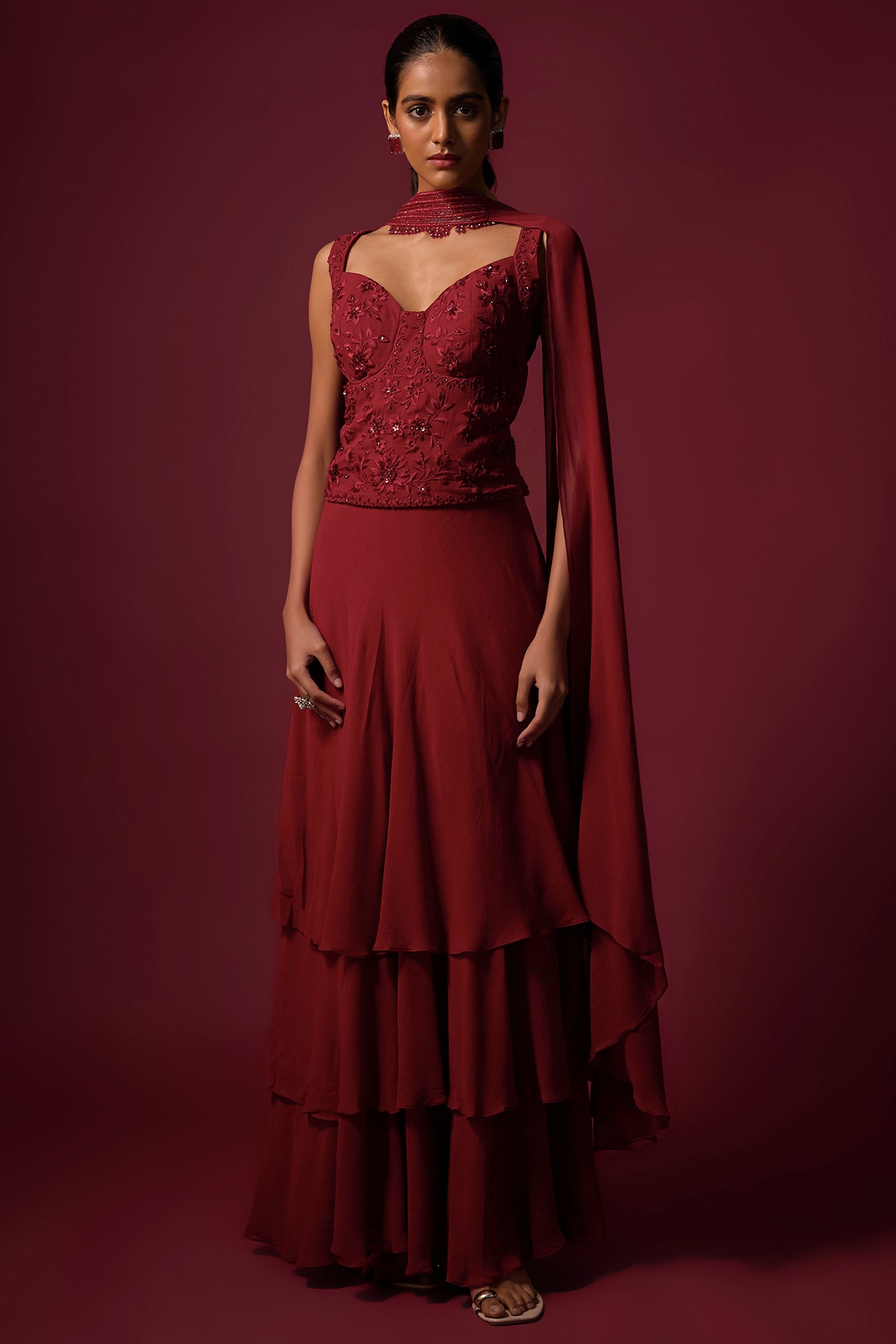 Mehak Murpana Deep Red Georgette Ruffled Lehenga Set