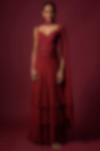 Deep Red Georgette Ruffled Wedding Lehenga Set by Mehak Murpana at Pernia's Pop Up Shop