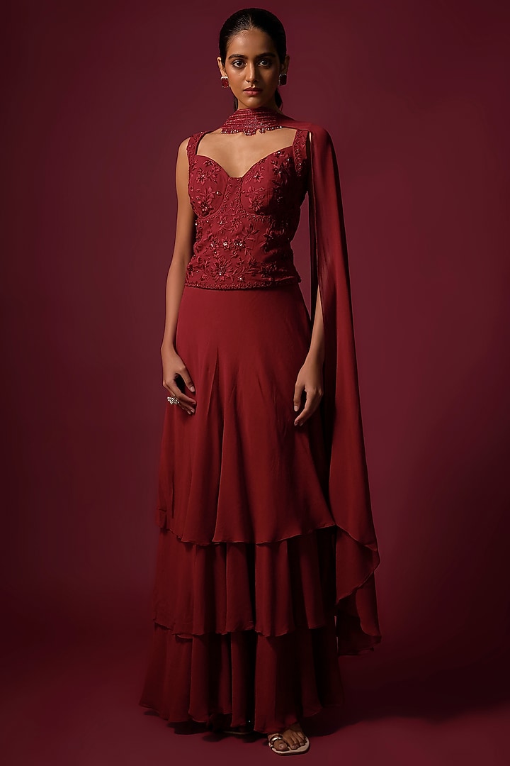 Deep Red Georgette Ruffled Wedding Lehenga Set by Mehak Murpana at Pernia's Pop Up Shop