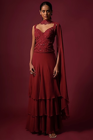 Deep Red Georgette Ruffled Lehenga Set by Mehak Murpana