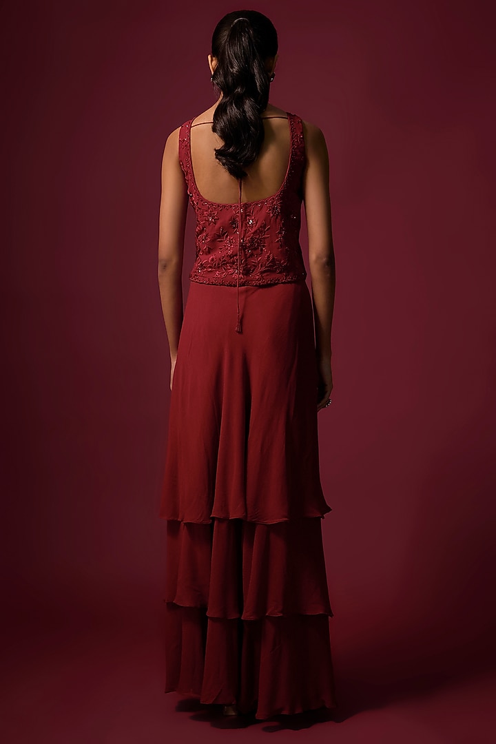 Deep Red Georgette Ruffled Wedding Lehenga Set by Mehak Murpana at Pernia's Pop Up Shop