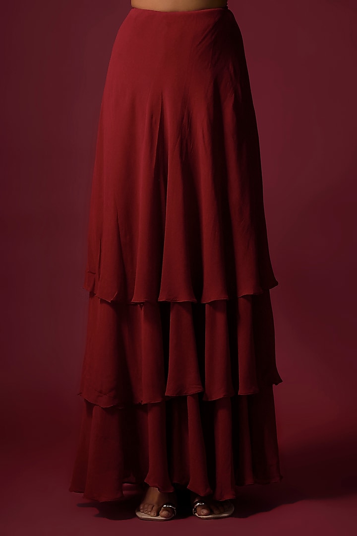 Deep Red Georgette Ruffled Wedding Lehenga Set by Mehak Murpana at Pernia's Pop Up Shop