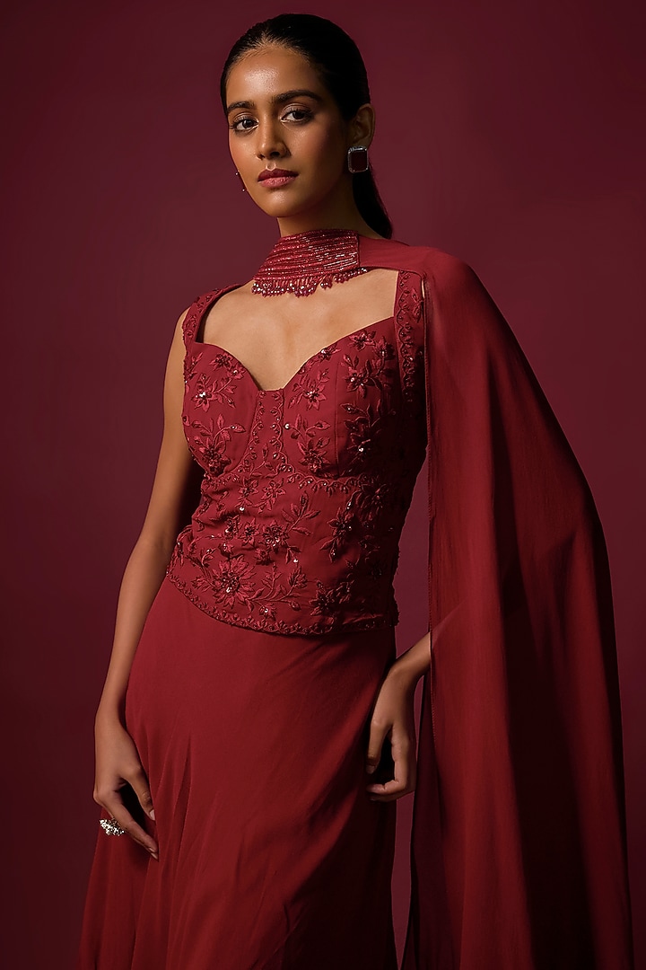 Deep Red Georgette Ruffled Wedding Lehenga Set by Mehak Murpana at Pernia's Pop Up Shop