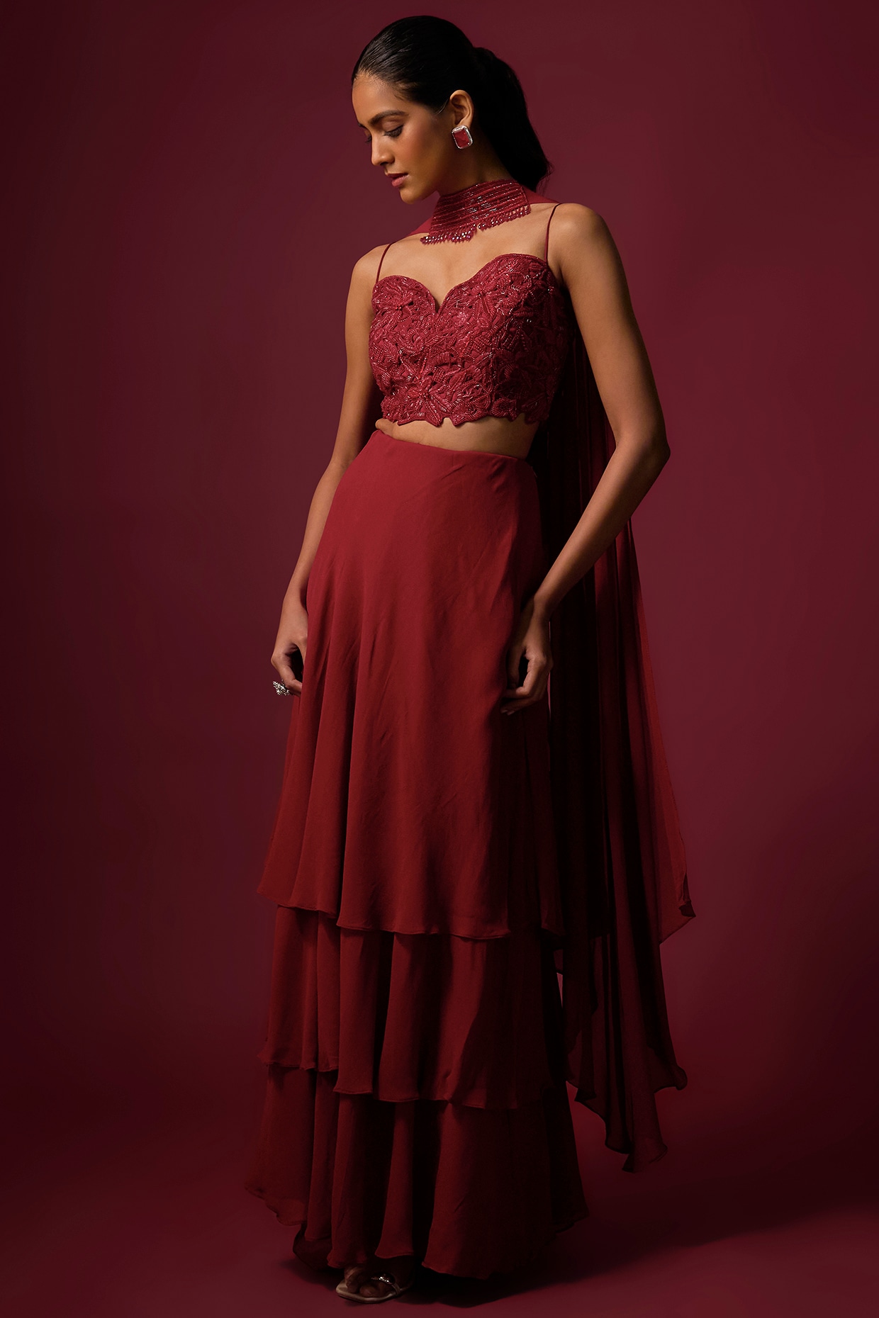 Mehak Murpana Deep Red Georgette Ruffled Lehenga Set