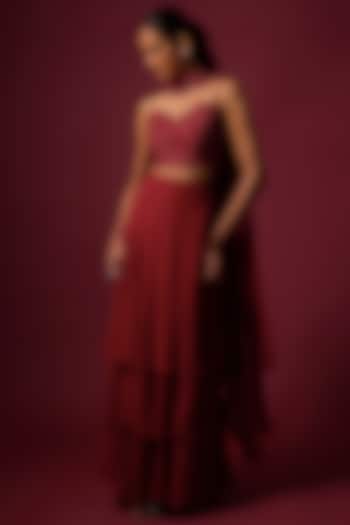 Deep Red Georgette Ruffled Wedding Lehenga Set by Mehak Murpana at Pernia's Pop Up Shop
