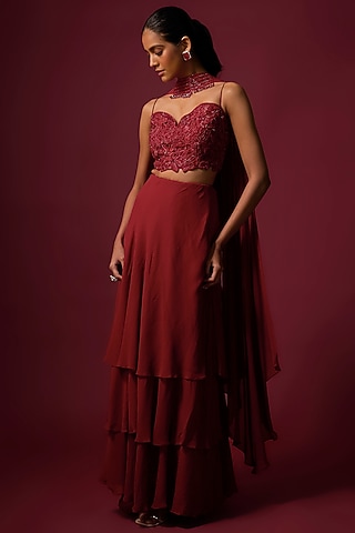 Deep Red Georgette Ruffled Lehenga Set by Mehak Murpana