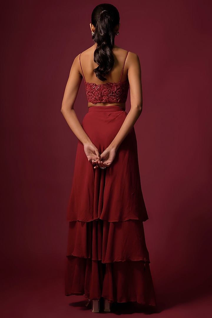 Deep Red Georgette Ruffled Wedding Lehenga Set by Mehak Murpana at Pernia's Pop Up Shop