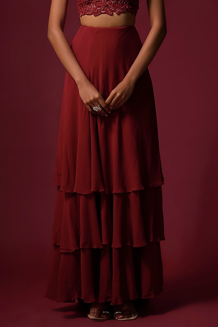 Deep Red Georgette Ruffled Wedding Lehenga Set by Mehak Murpana at Pernia's Pop Up Shop