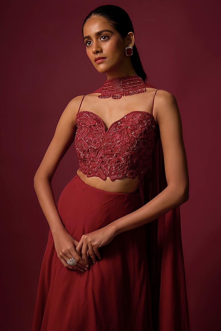 Deep Red Georgette Ruffled Wedding Lehenga Set by Mehak Murpana at Pernia's Pop Up Shop