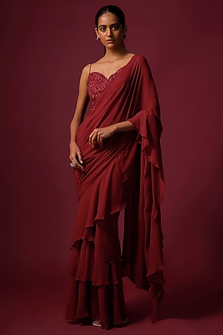 Deep Red Georgette Ruffled Pre-Draped Saree Set by Mehak Murpana