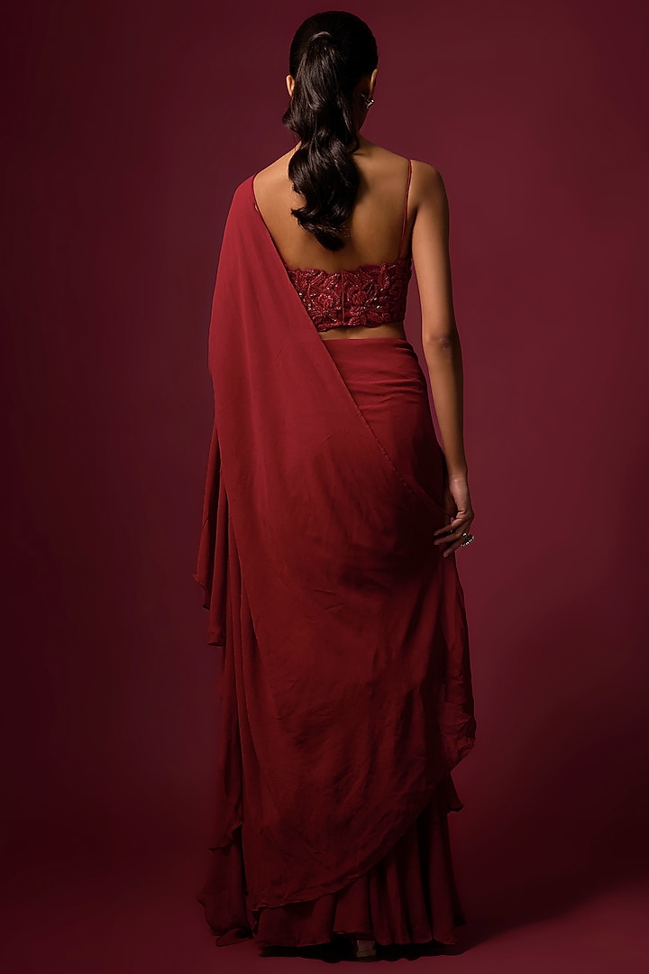 Deep Red Georgette Ruffled Pre-Draped Wedding Saree Set by Mehak Murpana at Pernia's Pop Up Shop