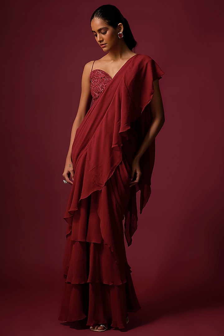 Deep Red Georgette Ruffled Pre-Draped Wedding Saree Set by Mehak Murpana at Pernia's Pop Up Shop
