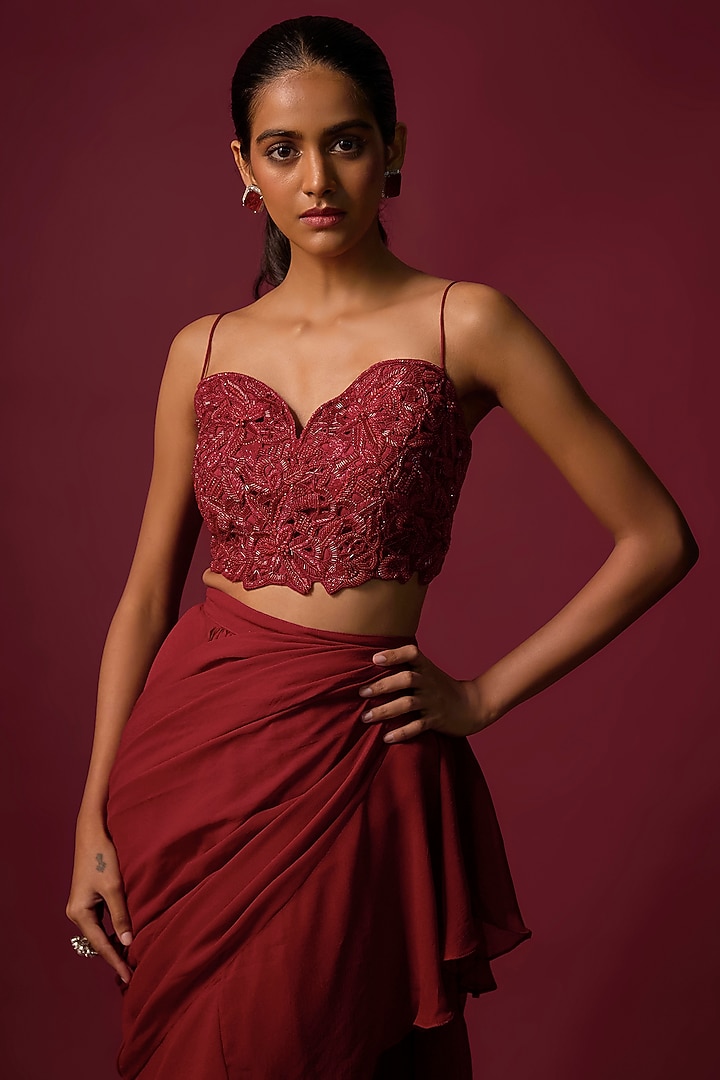 Deep Red Georgette Ruffled Pre-Draped Wedding Saree Set by Mehak Murpana at Pernia's Pop Up Shop