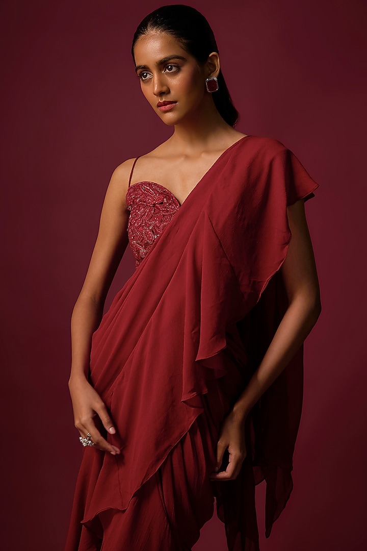 Deep Red Georgette Ruffled Pre-Draped Wedding Saree Set by Mehak Murpana at Pernia's Pop Up Shop