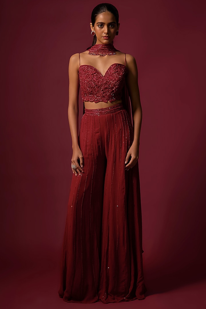 Deep Red Georgette Sequins Embroidered Kalidar Pant Set by Mehak Murpana at Pernia's Pop Up Shop