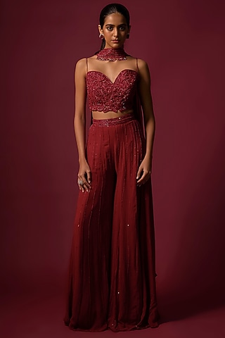 Deep Red Georgette Sequins Embroidered Kalidar Pant Set by Mehak Murpana