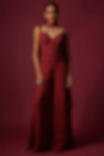 Deep Red Georgette Sequins Embroidered Kalidar Pant Set by Mehak Murpana at Pernia's Pop Up Shop