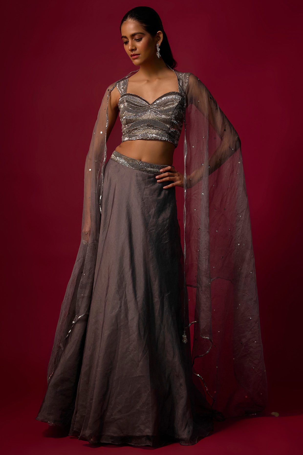 Mehak Murpana Steel Grey Organza Lehenga Set