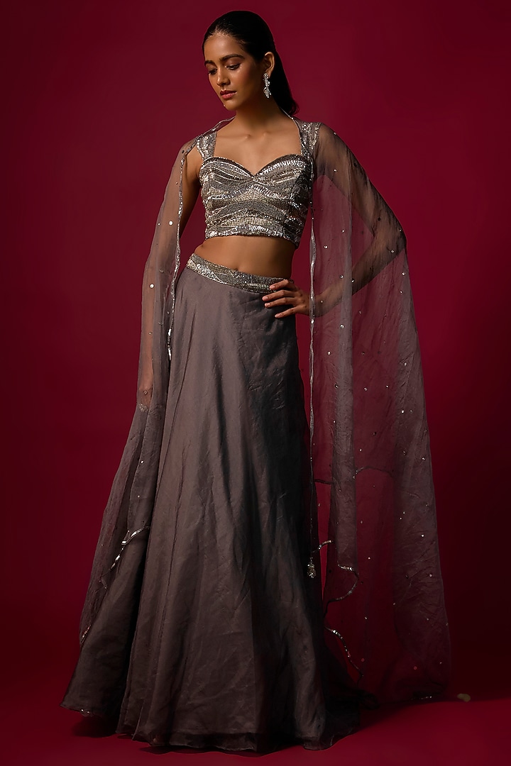 Steel Grey Organza Wedding Lehenga Set by Mehak Murpana at Pernia's Pop Up Shop