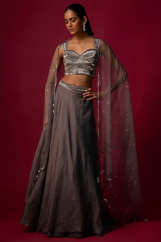 Steel Grey Organza Lehenga Set by Mehak Murpana