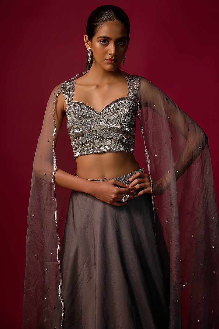 Steel Grey Organza Wedding Lehenga Set by Mehak Murpana at Pernia's Pop Up Shop
