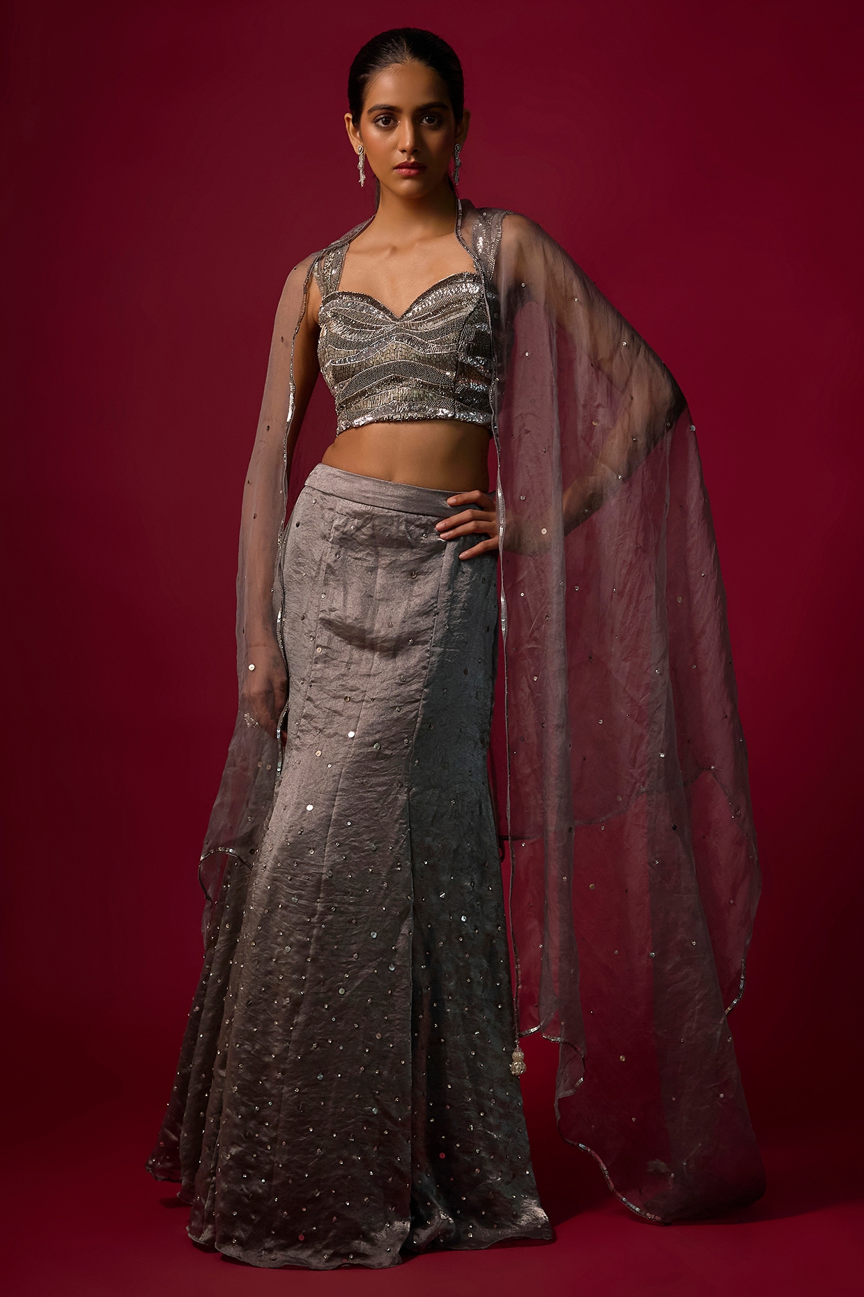 Mehak Murpana Steel Grey Shimmer Silk Organza Fish-Cut Lehenga Set