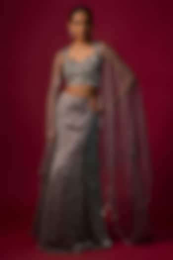 Steel Grey Shimmer Silk Organza Fish-Cut Wedding Lehenga Set by Mehak Murpana at Pernia's Pop Up Shop