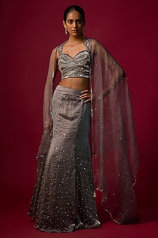 Steel Grey Shimmer Silk Organza Fish-Cut Lehenga Set by Mehak Murpana
