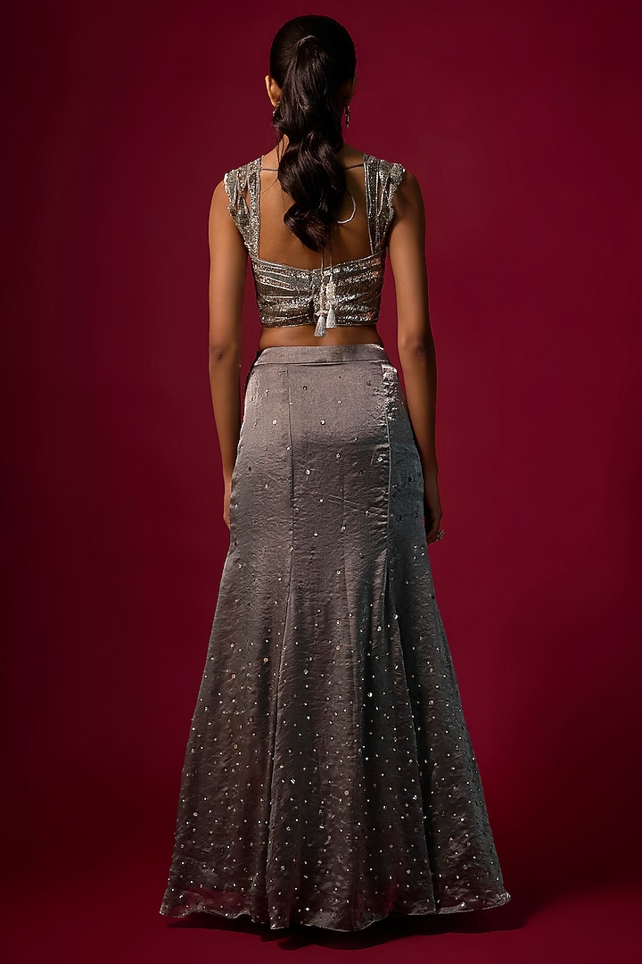 Steel Grey Shimmer Silk Organza Fish-Cut Wedding Lehenga Set by Mehak Murpana at Pernia's Pop Up Shop